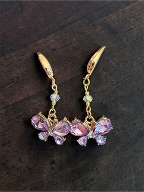 Hand Crafted Gold Butterfly Earrings with Purple Crystals